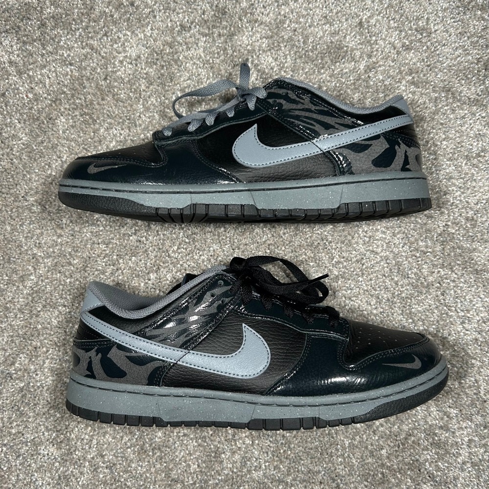 Nike Dunk Low Black Cool Grey Tiger Camo Patent Leather Sneakers Mens